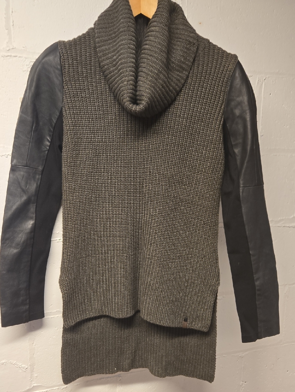 RUDSAK Olive Green Knit Cowl Neck Sweater with Black Leather Sleeves